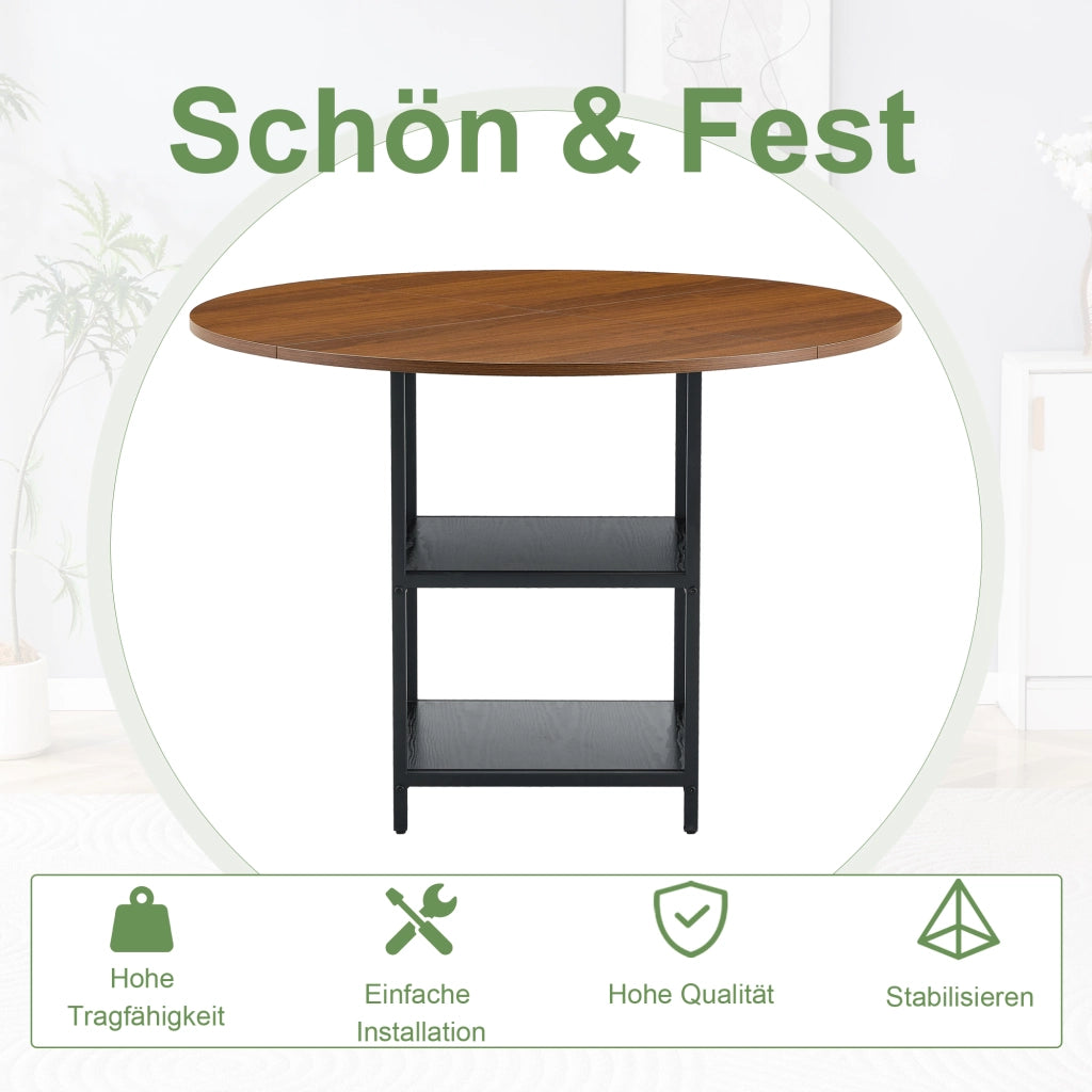 Tavolo da pranzo rotondo con diametro di 107 cm e doppio ripiano effetto noce, piano in MDF + struttura in metallo, adatto per 2-4 persone, perfetto p