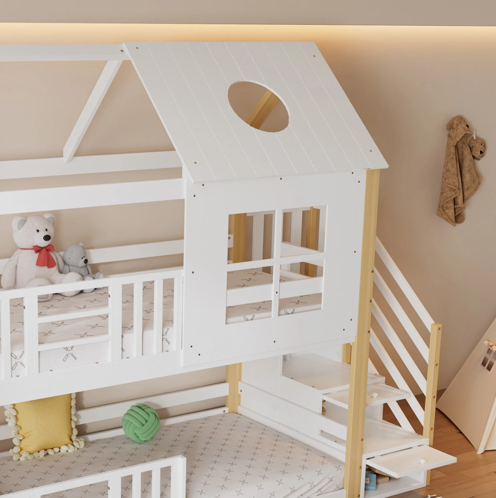 Letto a castello a casetta con scala contenitore, sponde di sicurezza e design con finestre