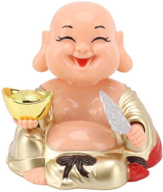 Decorazione solare Buddha che ride - Ornamento automobilizzato che si gira - Materiale plastico - 9,5 x 9,5 x 9,3 cm - Ufficio, finestra, casa
