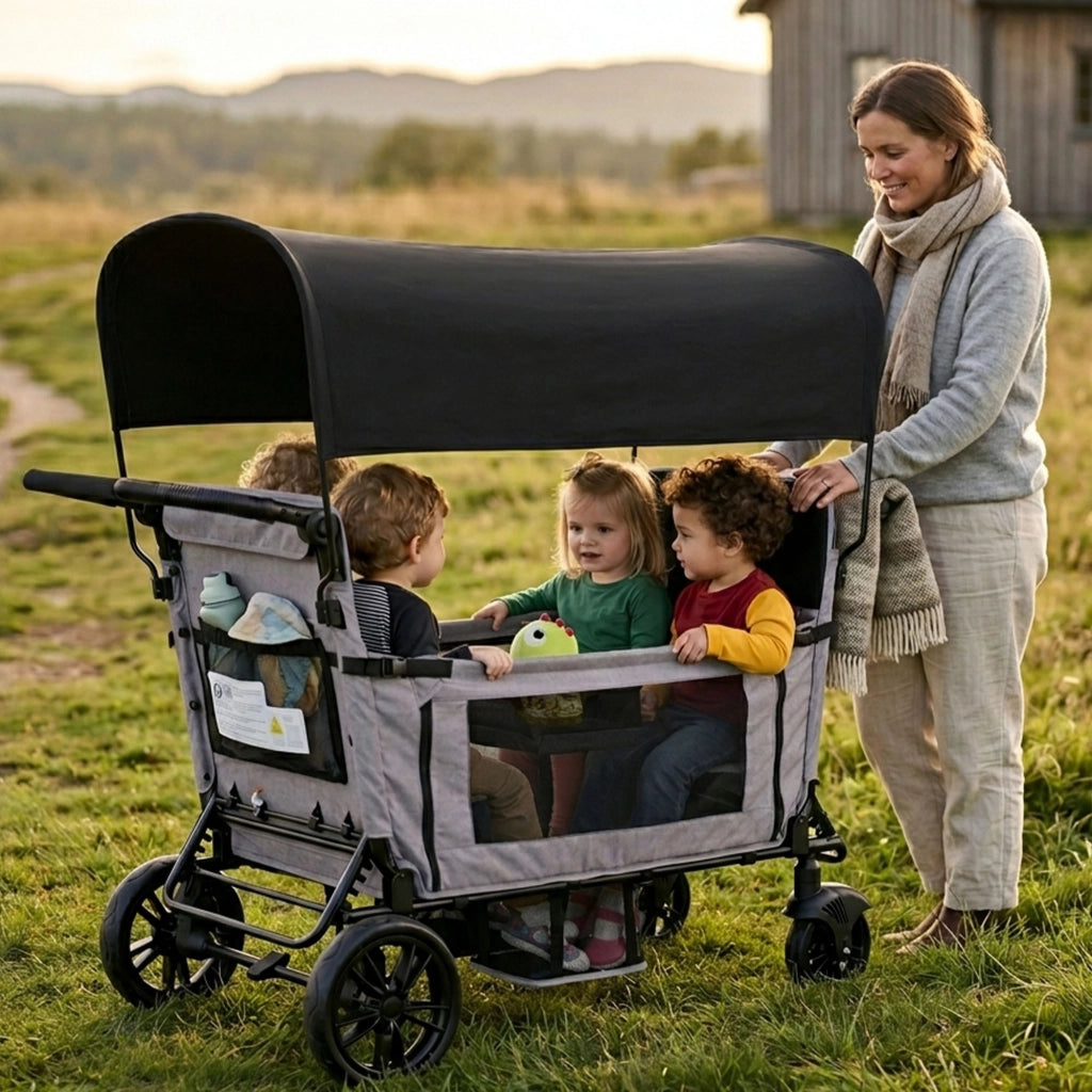 Carrello pieghevole di grandi dimensioni con 4 posti, grigio chiaro, sedile trasformabile in ampia sdraio, maniglione regolabile in 8 posizioni, piegh