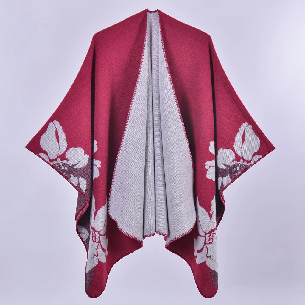 Elegante scialle/mantella in cashmere con stampa floreale su entrambi i lati, imbottito per maggiore calore e protezione, perfetto come sciarpa o mantello esterno.