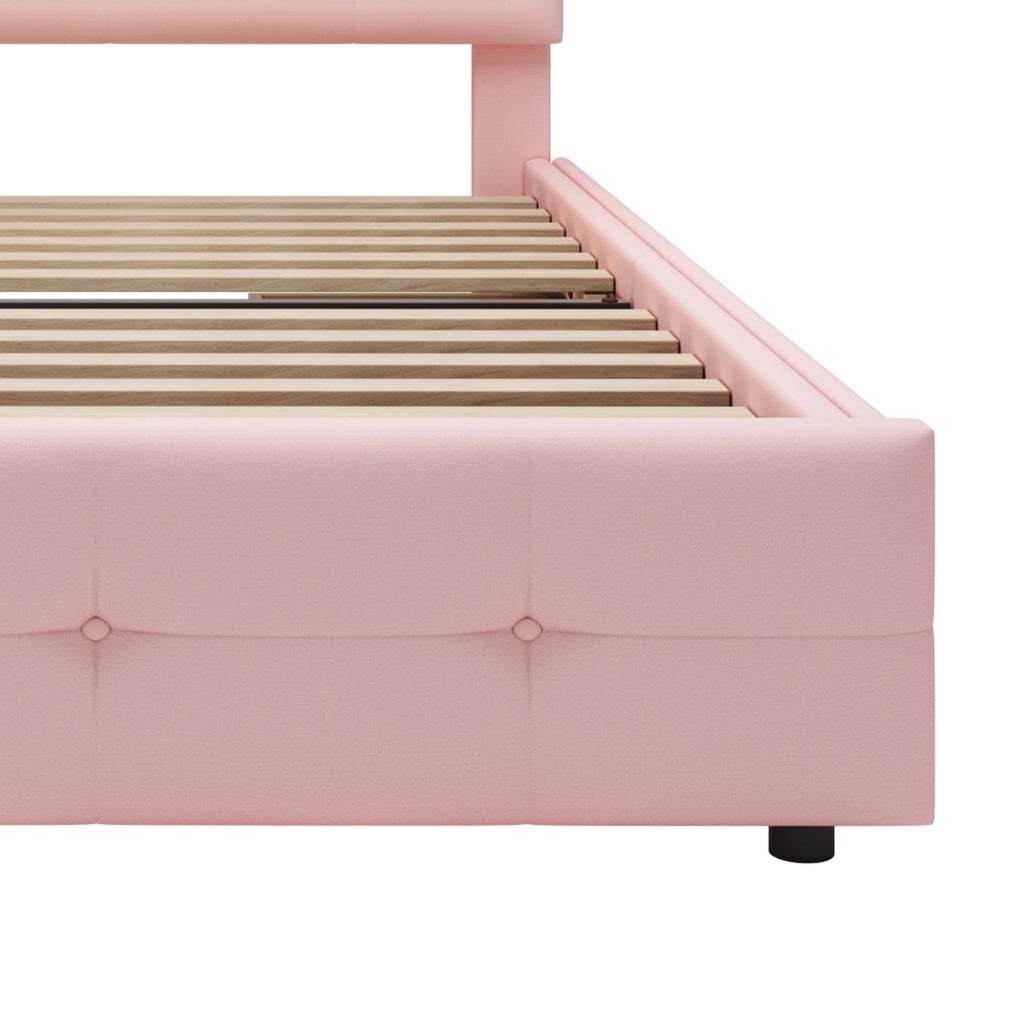 Letto singolo imbottito 90x200 cm con LED e 2 cassetti; rosa