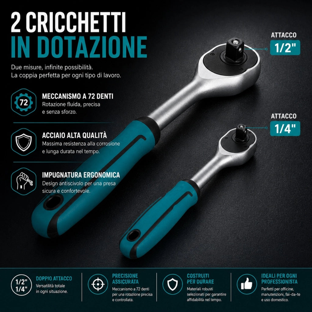 Set 50 Chiavi a Bussola 1/4" 1/2" con Cricchetti Inserti e Snodi VHT02524