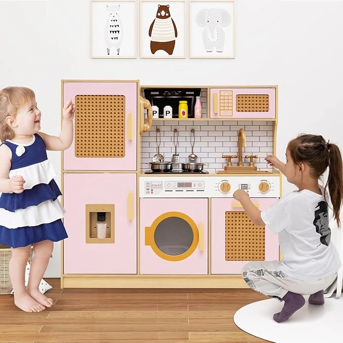 Cucina Giocattolo per Bambini, Cucina Legno per Bambini con Luci, Suoni, Frigorifero, Distributore d'Acqua, Lavatrice, Accessori Ricchi e Ante in Rattan, per 3 Anni+ (Rosa)