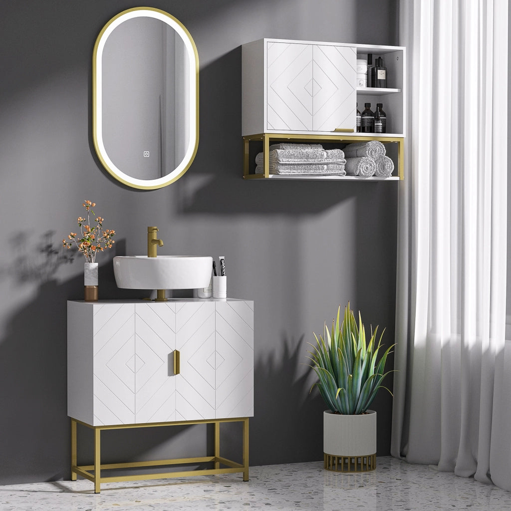 Mobile Sottolavabo Bagno con Armadietto 2 Ante ¨C Zephmum ¨C Legno e Acciaio, Bianco e Oro, 60x30x65cm