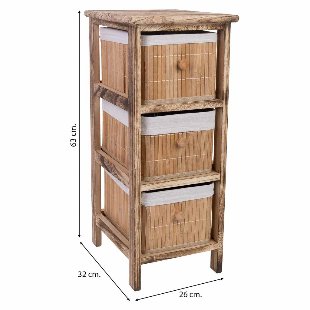 Cassettiera in legno con 3 cassetti in bambù foderati 26x32x63