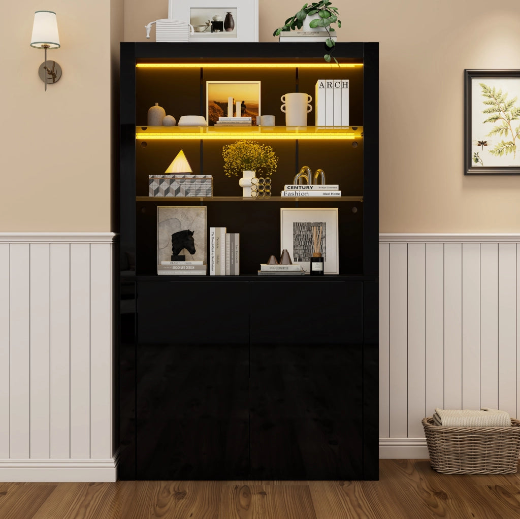 Vetrina 100x35x170 cm con LED e 2 ante in MDF; vetro e truciolare nera