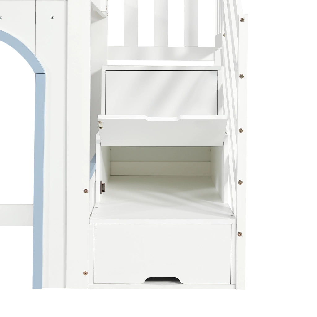 LETTO A CASTELLO per bambini 90x200 cm Bianco+Blu con scala contenitore