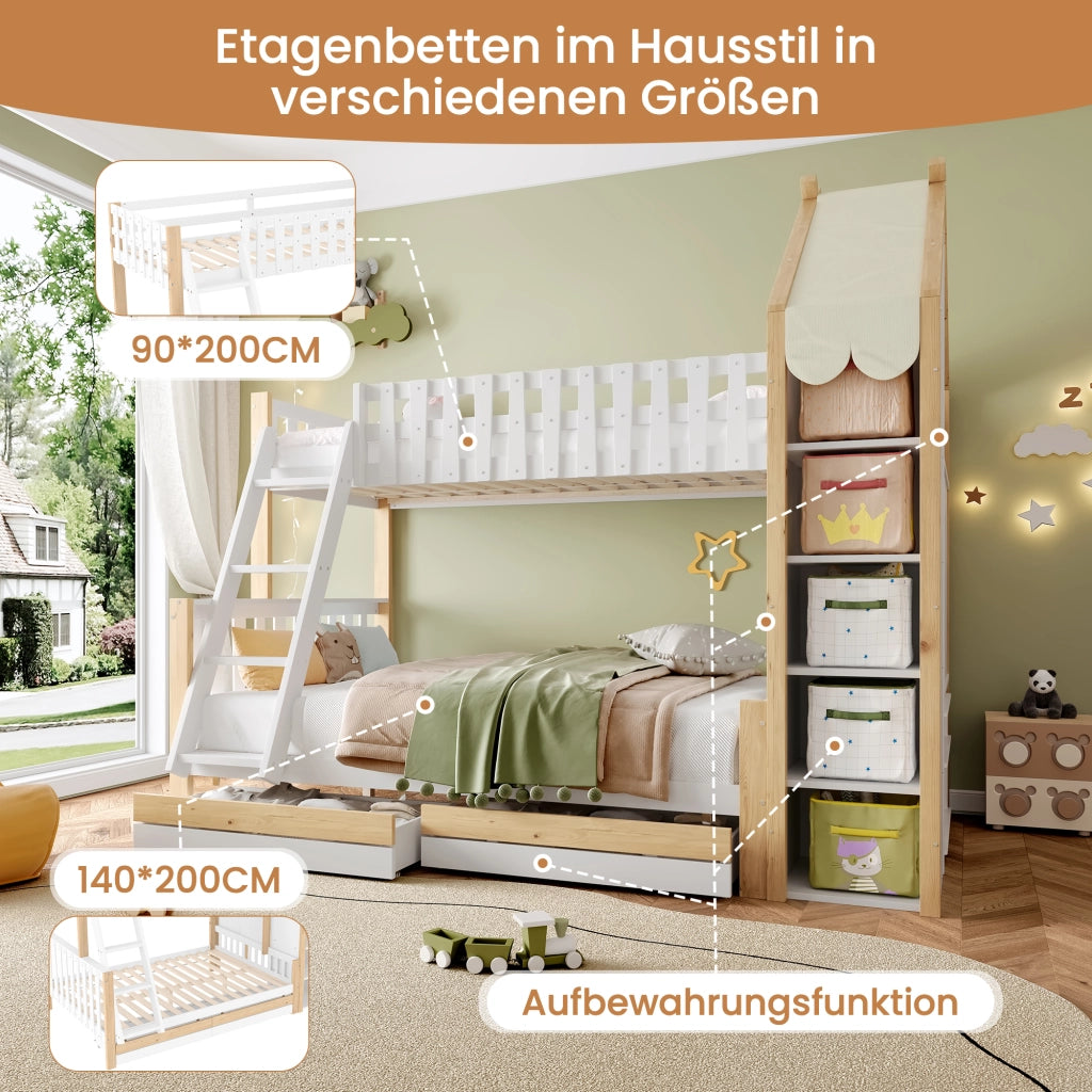DESMIU Letto a castello per bambini 90 × 200 cm e 140 × 200 cm con contenitori, senza materasso, bianco naturale