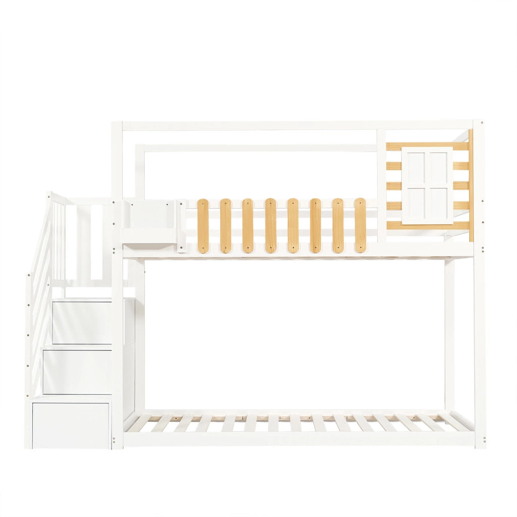 Letto a castello con scala e finestra - Zephmum- 90x200cm bianco, scaffali e cassetti