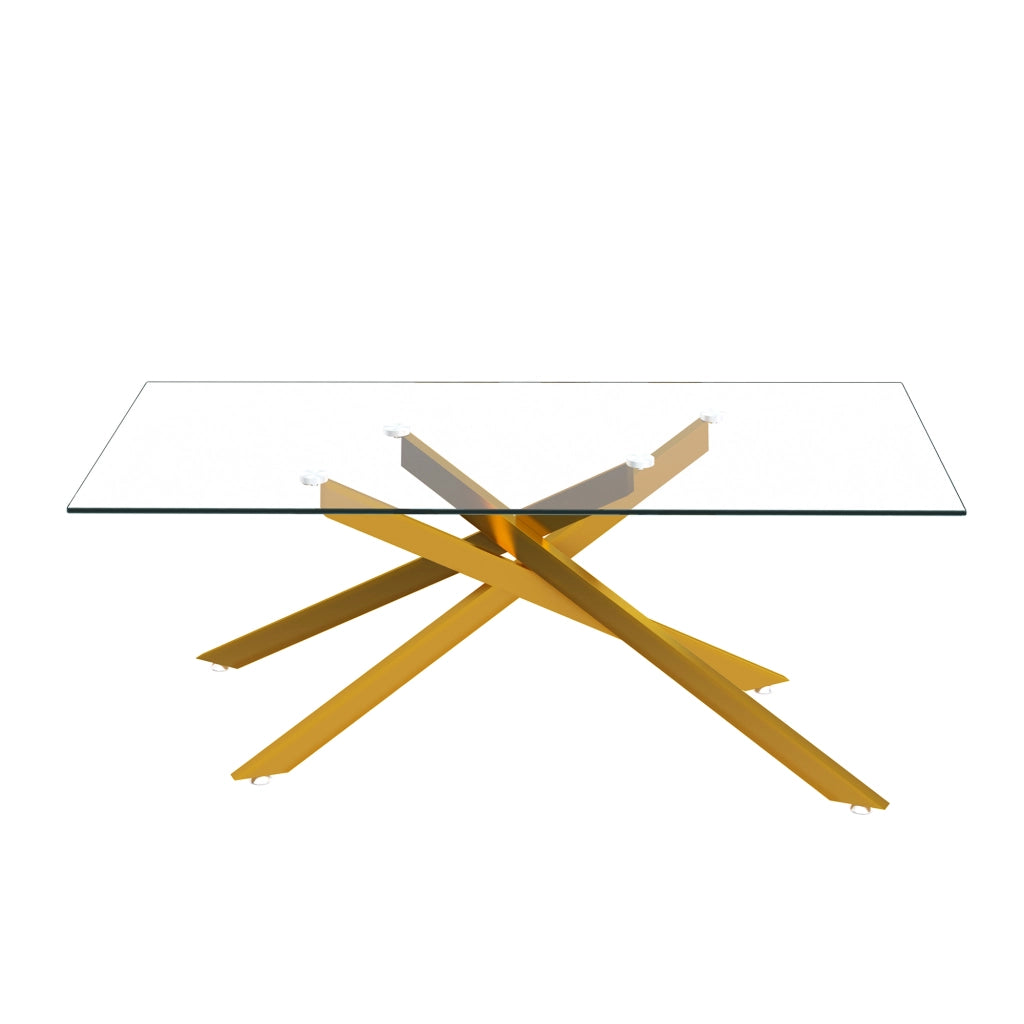 Tavolino da salotto rettangolare in vetro temperato con struttura metallica dorata, 120x60x46 cm