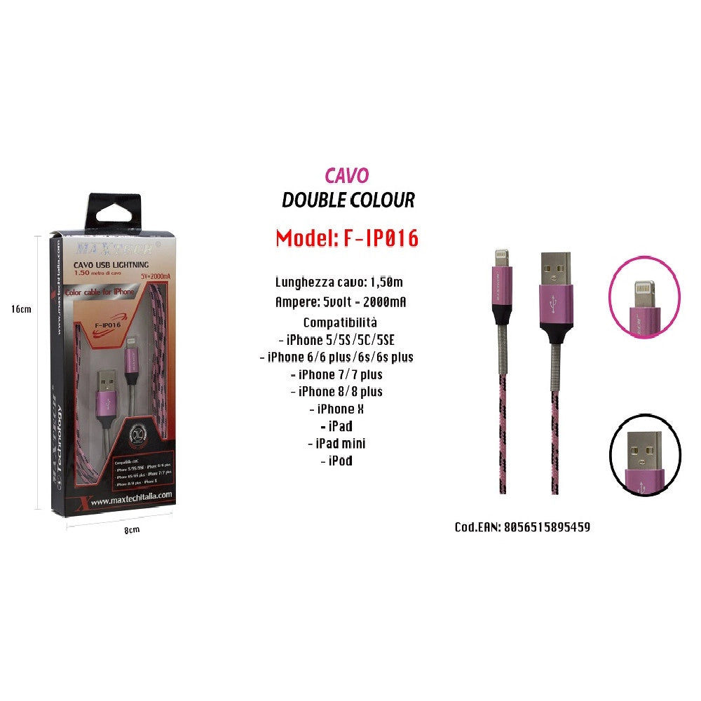 Trade Shop - Cavo Usb Double Colour Iphone Ipad Ipod 5volt - 2000ma 1,50 Mt Maxtech F-ip016 -