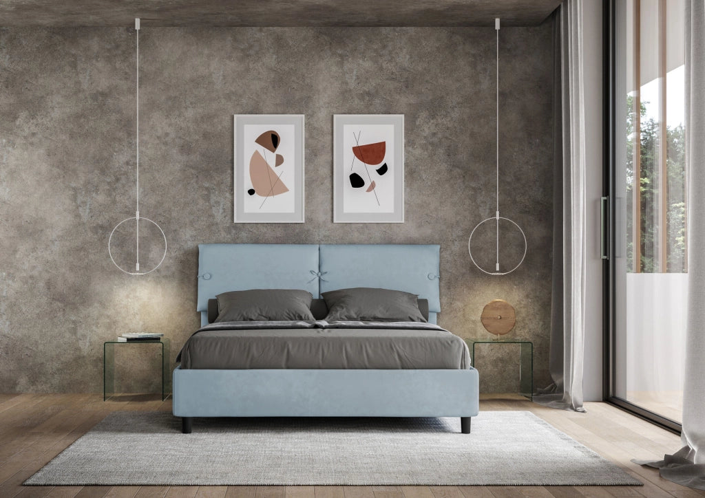 BS COM Letto matrimoniale senza rete imbottito 160x210 microfibra azzurro
