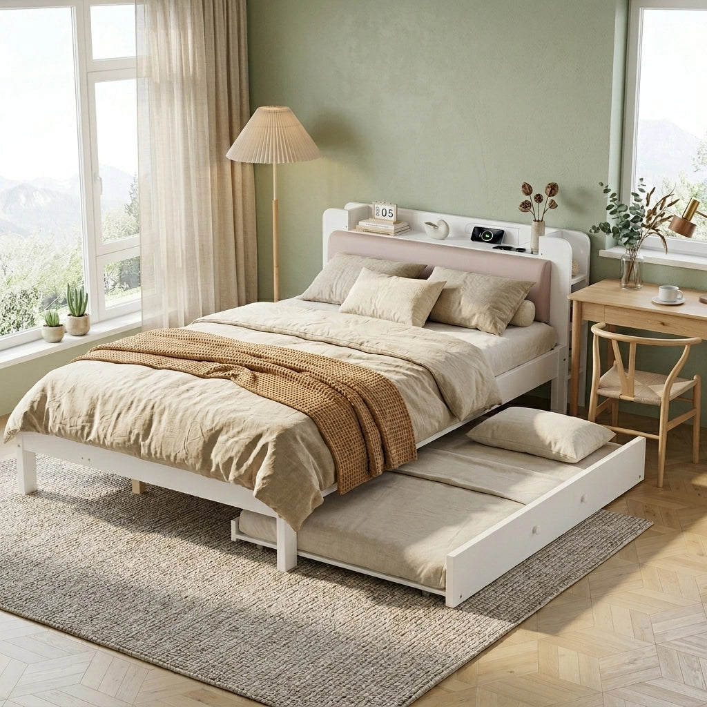 Letto funzionale 120x200 cm bianco con letto estraibile 90x190 cm, testiera imbottita e stazione di ricarica