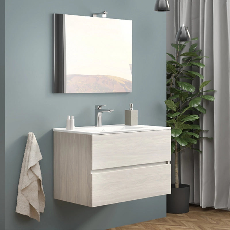 Composizione bagno 2 cassettoni con lavabo in ceramica e specchio con lampada led