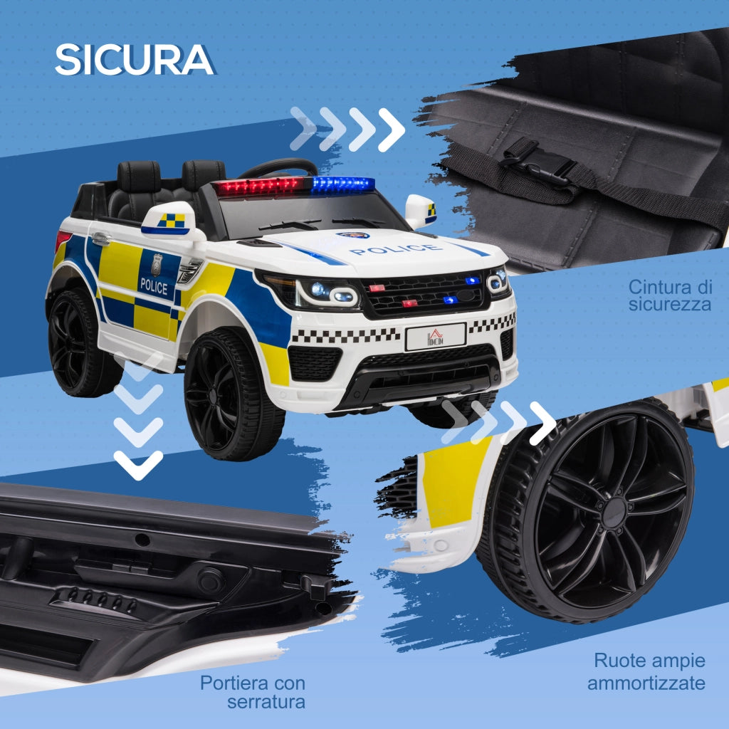 EasyComfort Macchina Elettrica per Bambini della Polizia, 12V Auto Elettrica per Bambini con Telecomando, Sirena Luci Attacco USB per Musica, 110x68x52cm, Bianco