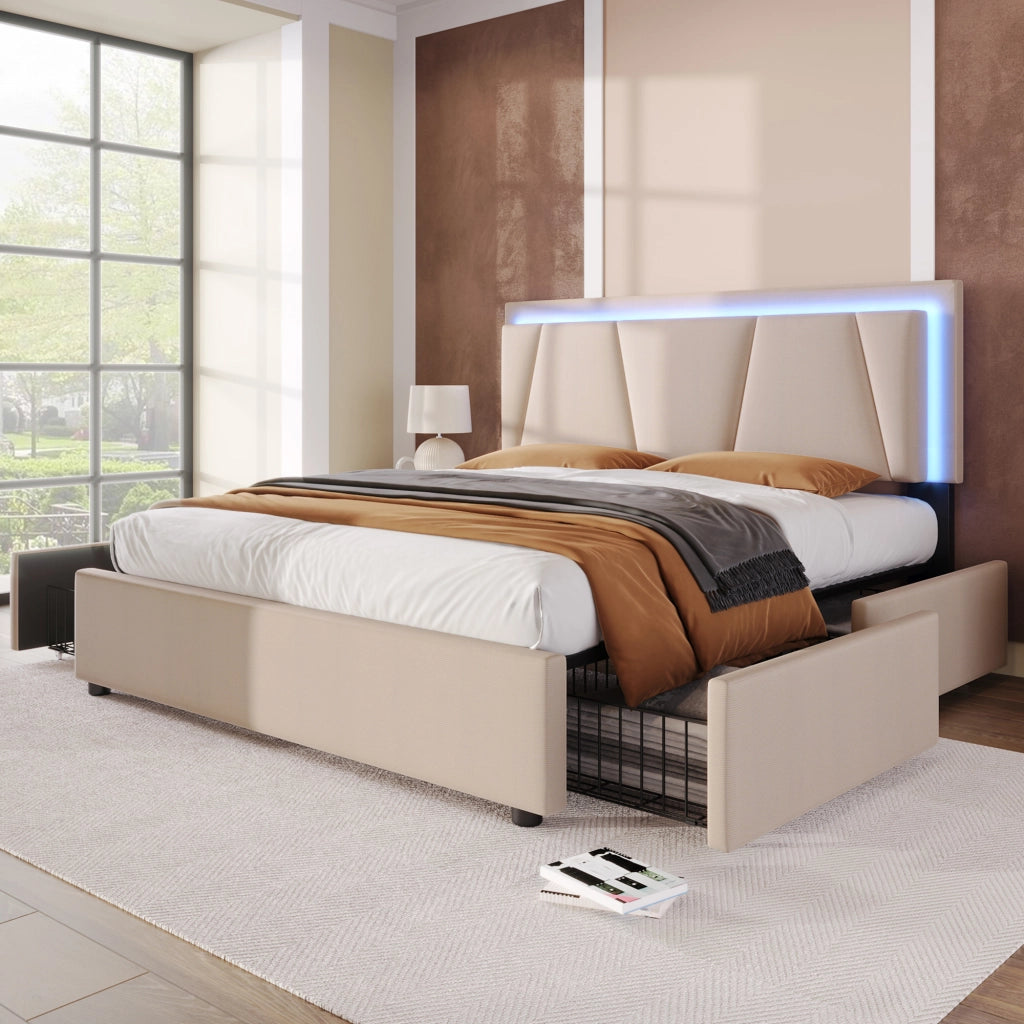 Letto con cassetti matrimoniale 140×200 cm con LED; testiera regolabile; 4 cassetti; materasso incluso; beige