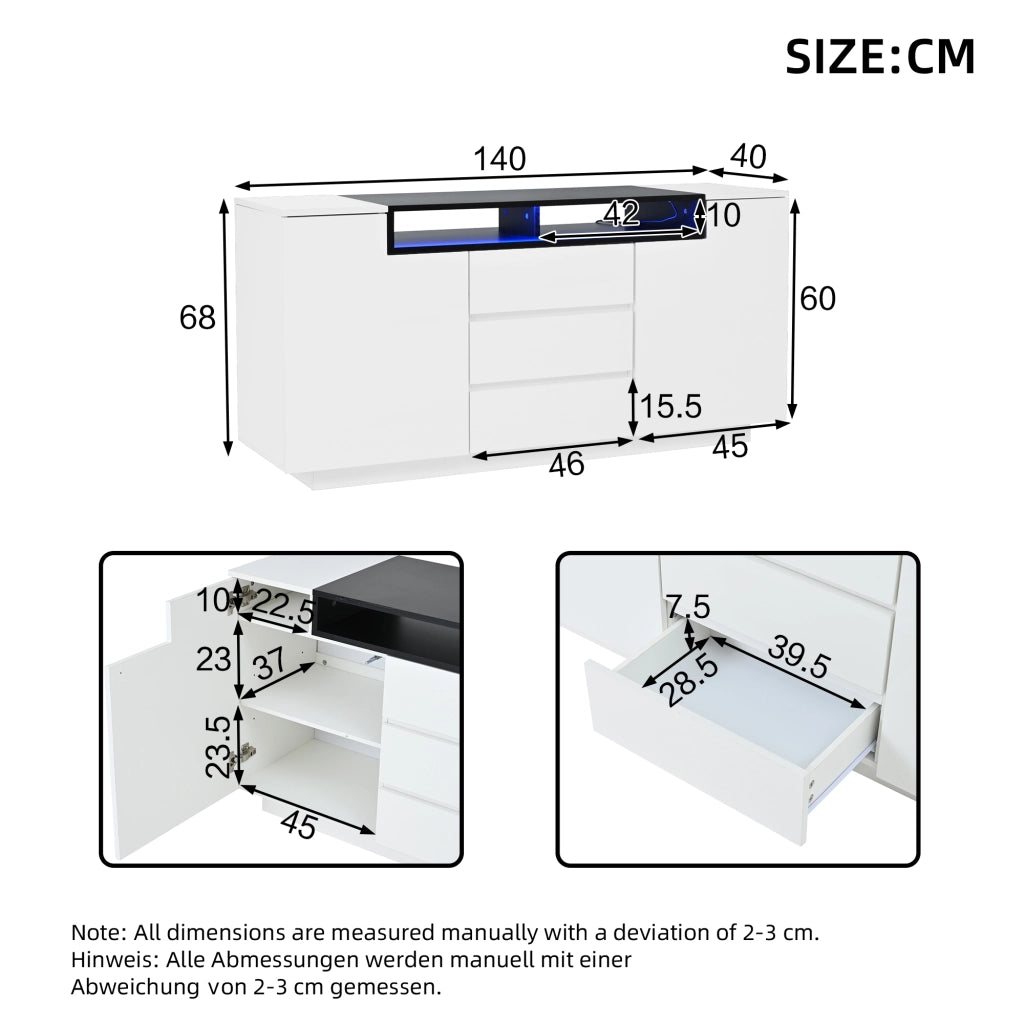 Credenza con 2 ante; 3 cassetti; 2 vani semiaperti; LED controllata da app; per soggiorno; 140 × 40 × 68 cm