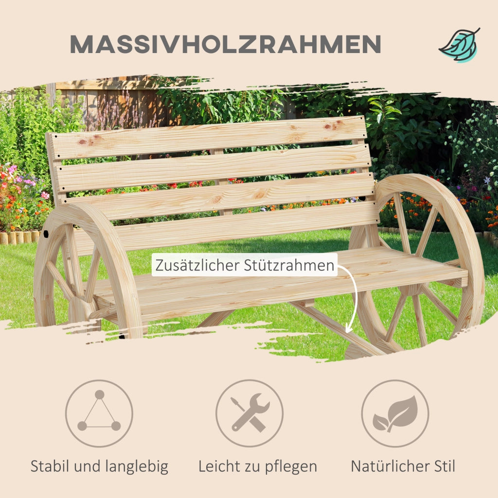 Panchina da giardino a 2 posti, panchina in legno, panchina da parco con braccioli in stile rustico, portata massima 240 kg, legno di abete, naturale