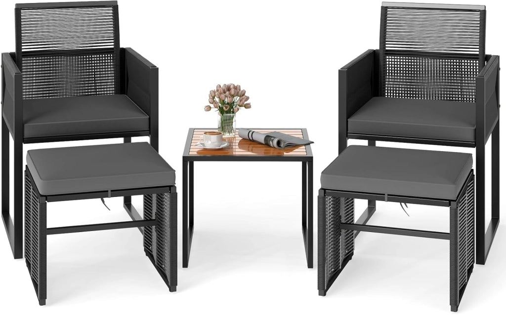 5 Pezzi Set da Esterno in Rattan PE, Set Mobili da Giardino con Cuscini, Sedie Poggiapiedi e Tavolino da Caffè, Poltrone Lounge Salvaspazio per Balcone, Piscina e Cortile