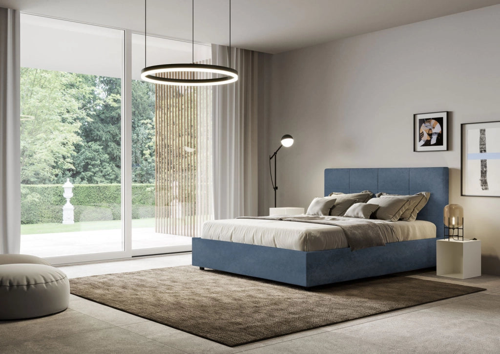 Letto queen size senza rete imbottito 150x190 microfibra blu Mika