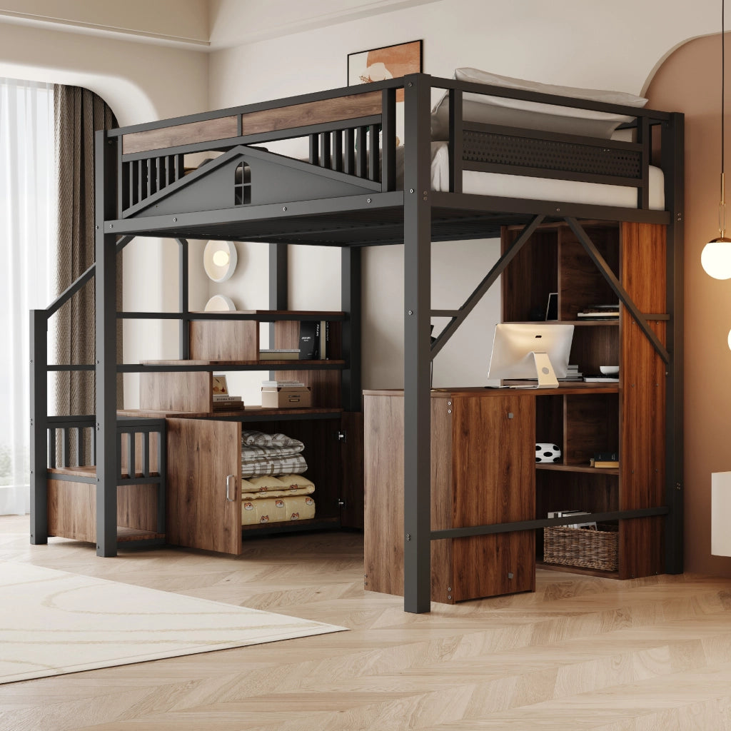 LETTO a soppalco 140x200 cm metallo e legno nero con scala laterale