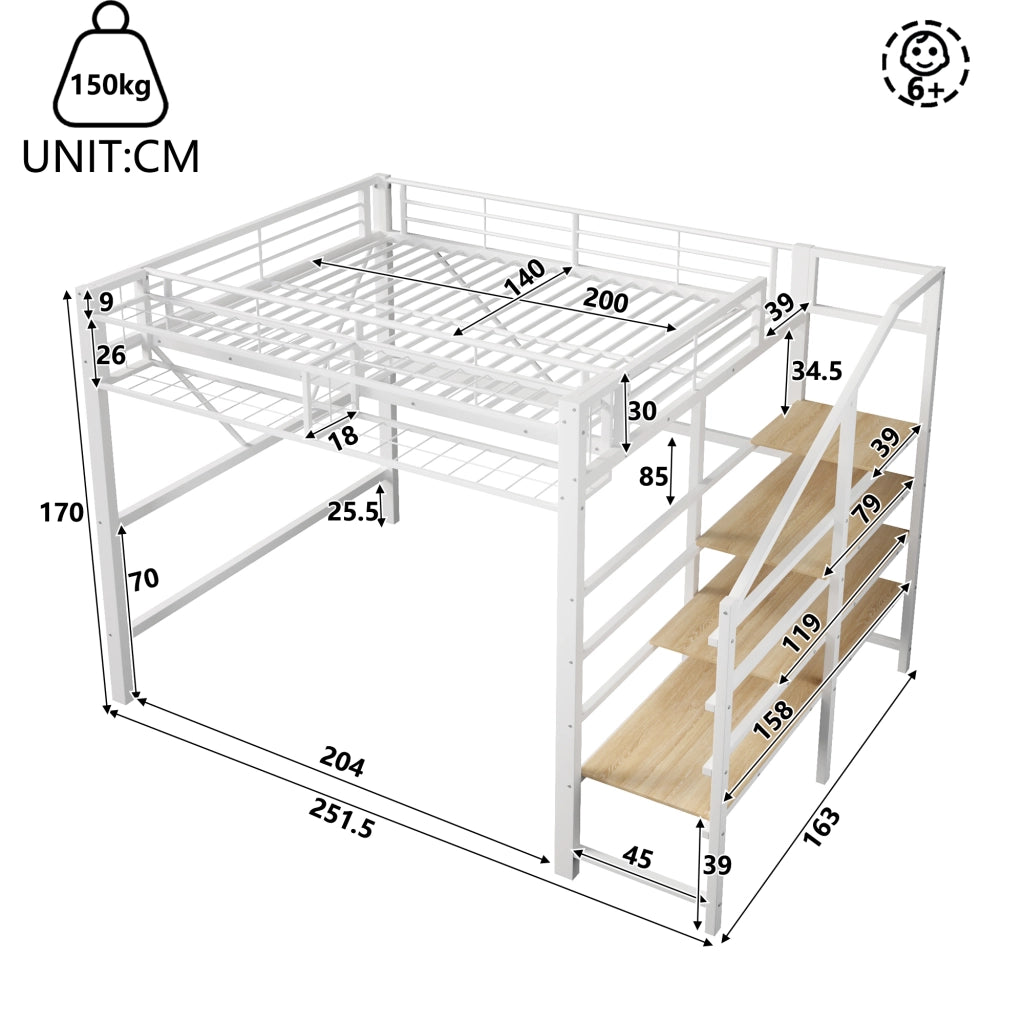 DESMIU Lit mezzanine 140 × 200 cm 2 posti con ripiani, LED, cestino portaoggetti, senza materasso, bianco