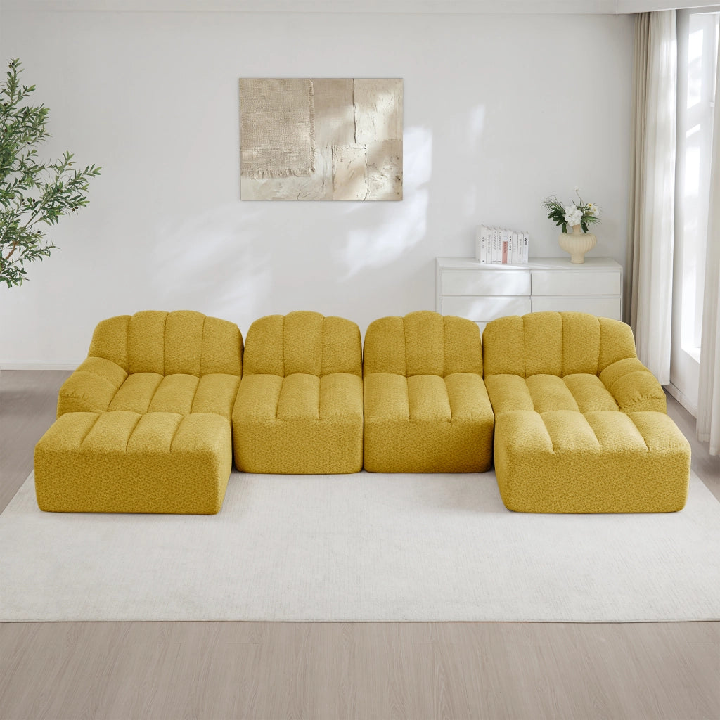 Divano modulare angolare 4 posti con chaise longue e pouf; in fleece granulare giallo