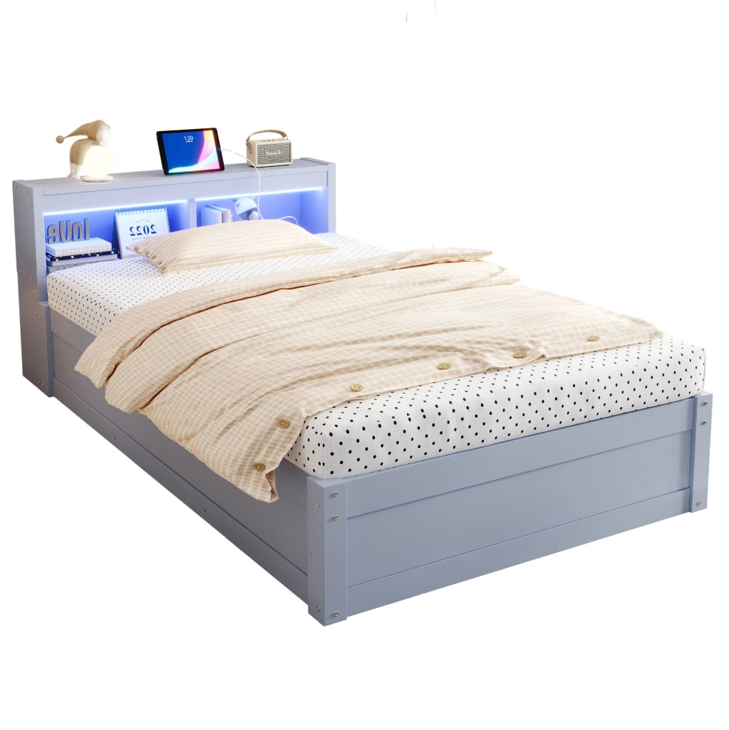 Letto multifunzionale 90x200 cm con vano contenitore, LED e presa integrata