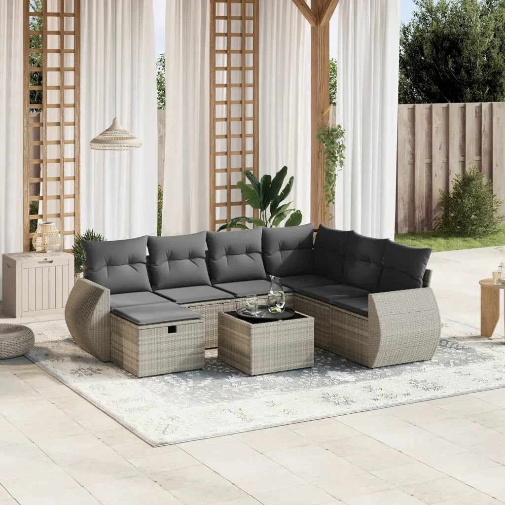 Set Divano da Giardino 8pz con Cuscini Grigio Chiaro Polyrattan