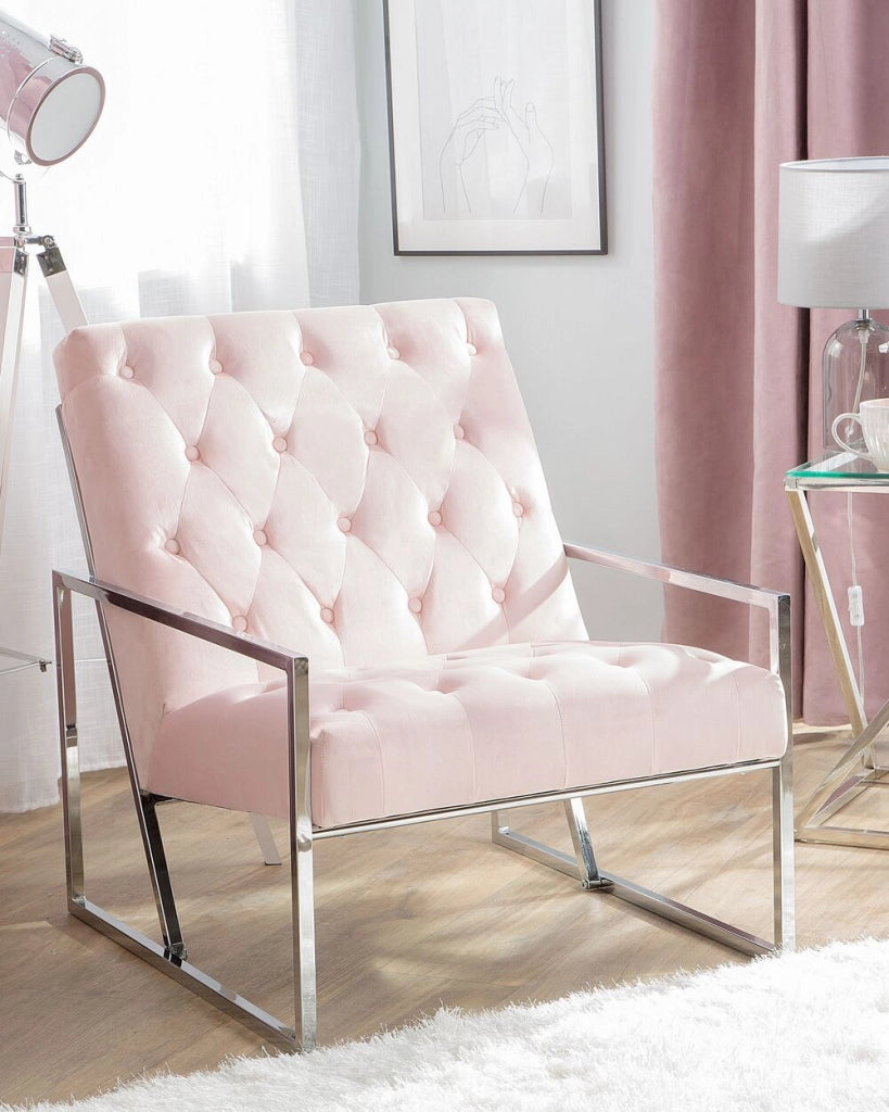 Poltrona Velluto Rosa 83L x 69W x 83H Bottone capitonné Schienale Struttura in Metallo Modern Glam