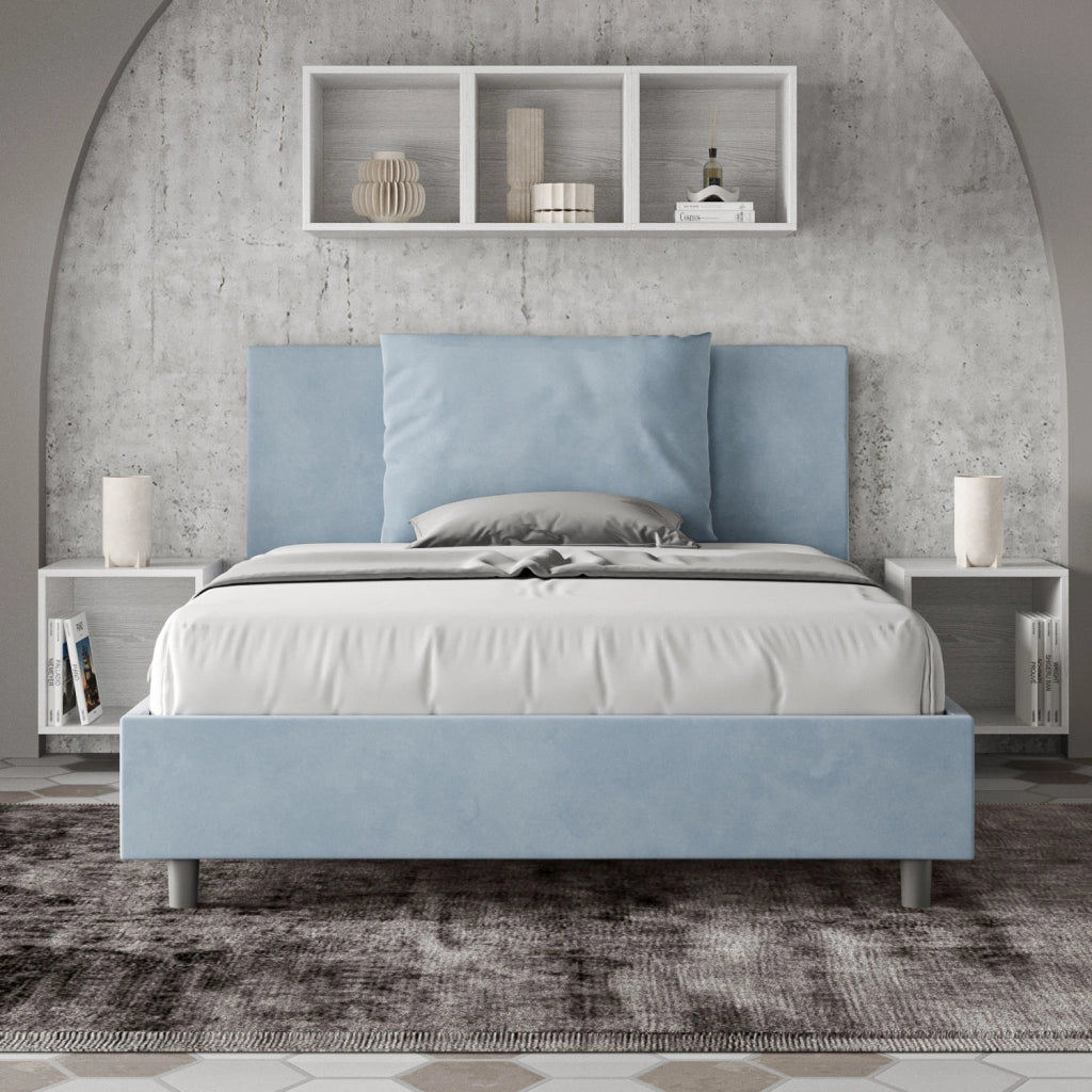 BS COM Letto queen size senza rete imbottito 150x200 microfibra azzurro