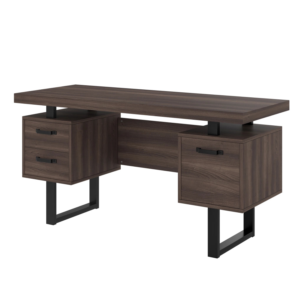 Scrivania lineare con 2 cassetti e vano portadocumenti; per ufficio; 135×54×76 cm; in MDF e metallo; marrone
