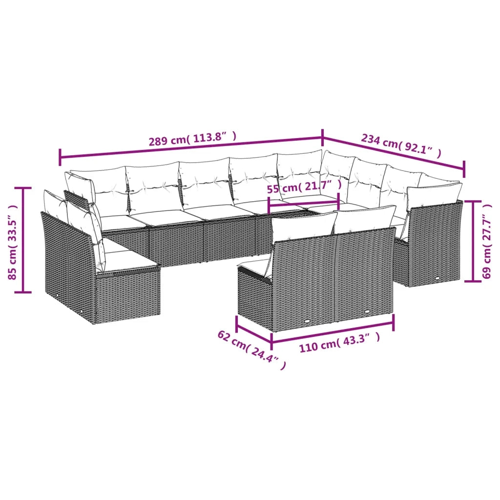 Set Divani da Giardino 12 pz con Cuscini Nero in Polyrattan