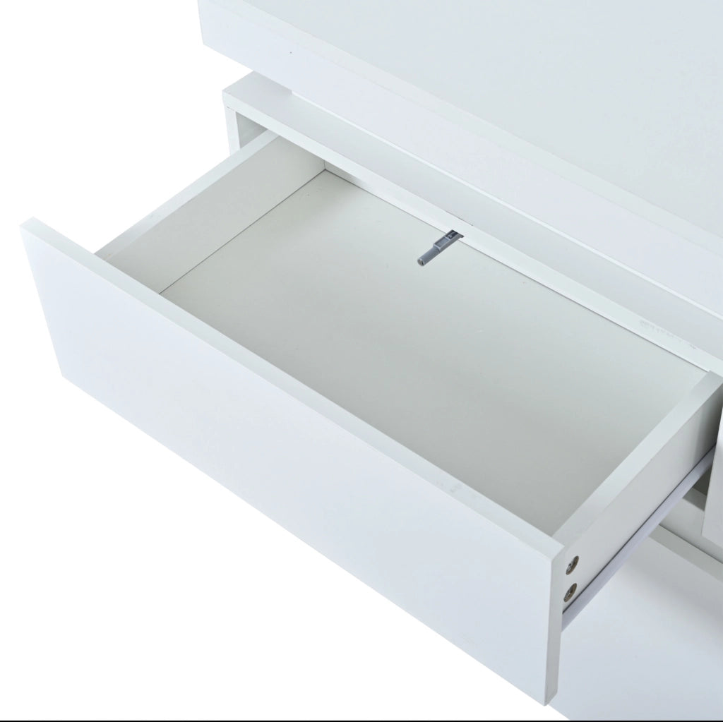 Sideboard moderno 140 x 35 x 72;5 cm in truciolare bianco lucido con LED e 2 cassetti