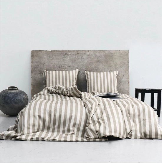 Set da letto 135x200 cm con chiusura a righelli (1 pezzo) | cuscino 80x80 cm | tessuto da letto ultra morbido | tessuto da letto biologico in cotone | beige chiaro/bianco |