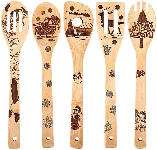 Set di Spatole in Bambù da 5 pezzi - Accessori da Cucina in Legno - Accessori da Cucina - Assistenza in Cucina - Ergonomico - Facile da Pulire