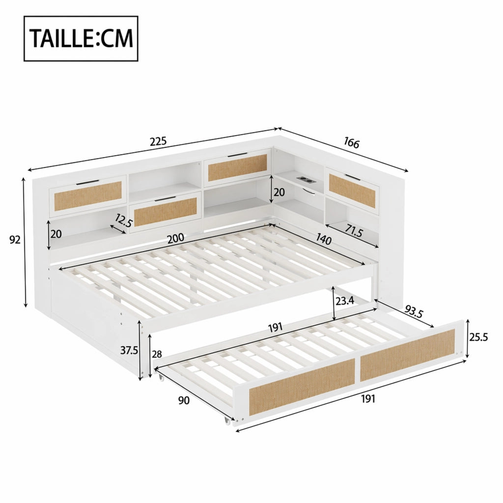 DESMIU Divano Letto 140 × 200 cm con Letto Estraibile 90 × 190 cm, prese USB, senza materasso, in legno, bianco