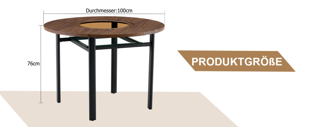 Tavolo rotondo dal design moderno e minimalista, con diametro di 100 cm e finitura effetto legno marrone, adatto per 2-4 persone (con piano in vetro g