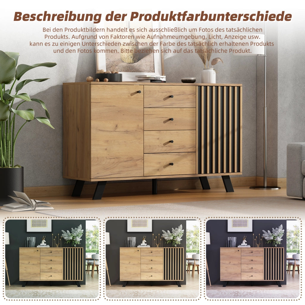 CREDENZA 120x38x75 cm MDF Nero e Legno con 4 Cassetti e 2 Ante