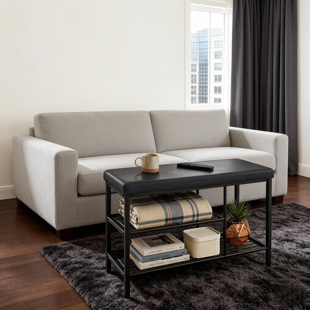 Scarpiera con seduta a 3 scomparti aperti con piedini regolabili in similpelle e metallo nero 80 × 30 × 50 cm