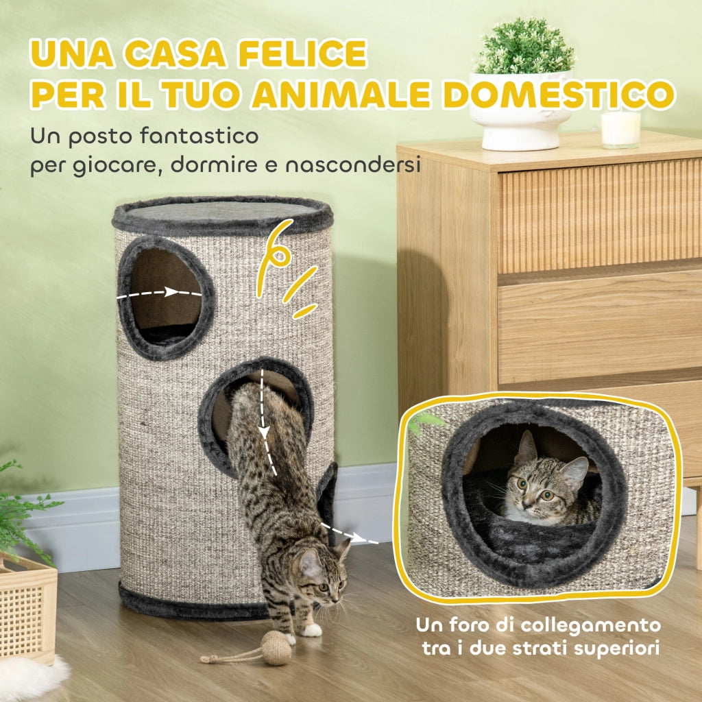 Casetta per Gatti a 3 Livelli con Tiragraffi in Sisal ¨C Zephmum ¨C Grigio, ?38x70cm