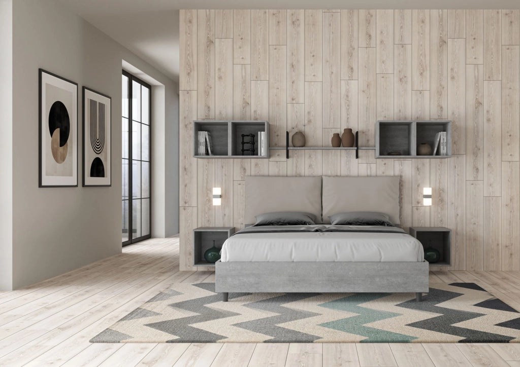 BS COM Letto matrimoniale contenitore 160x200 Cemento cuscini similpelle tortora