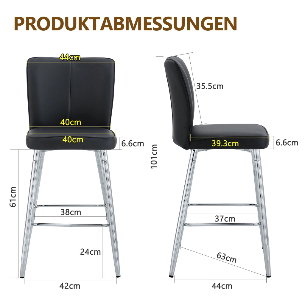 Set di 2 sgabelli da bar h 101 cm in PU nero e metallo argento, con schienale ergonomico e seduta imbottita