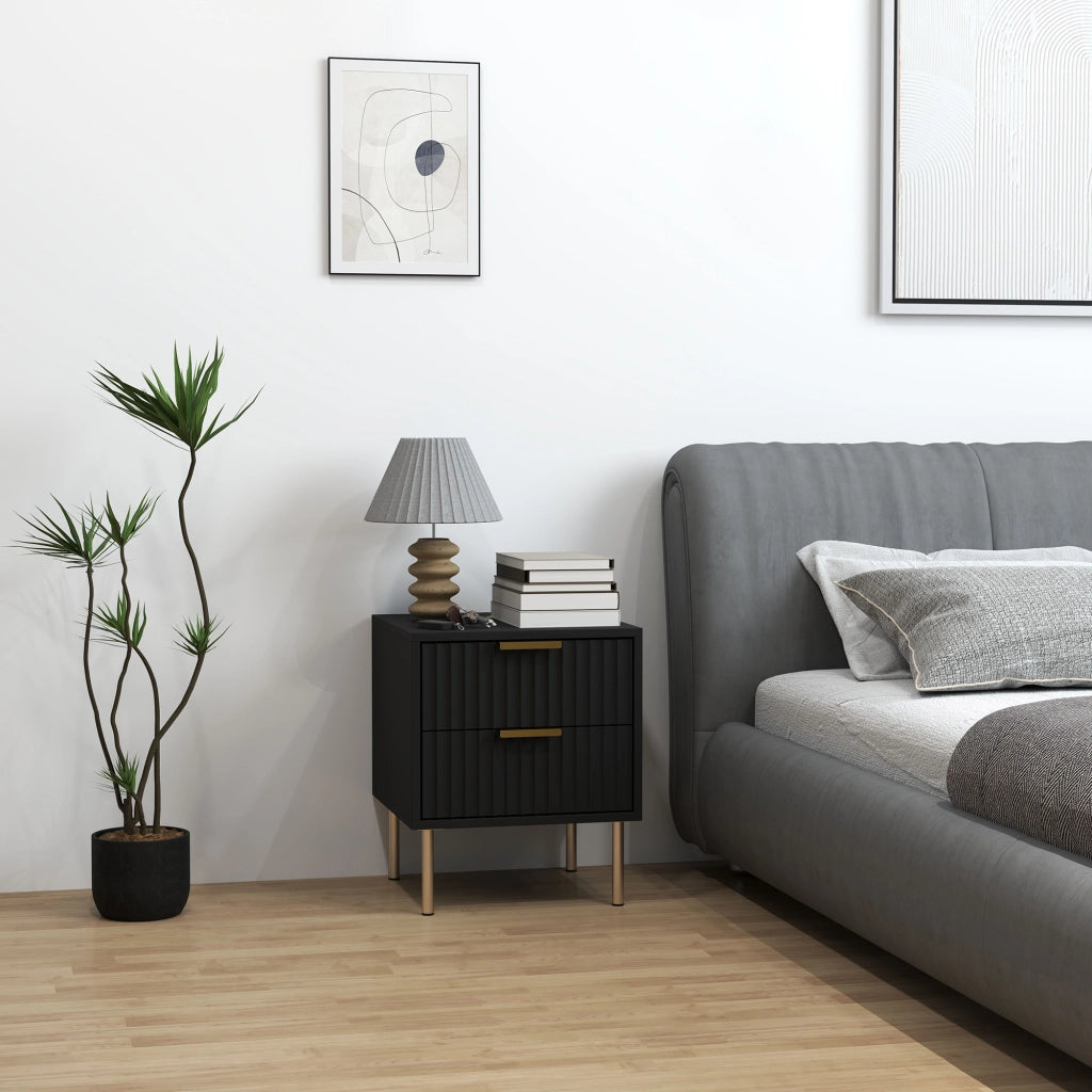 Comodino con 2 cassetti e gambe in acciaio ¨C zephmum ¨C Nero
