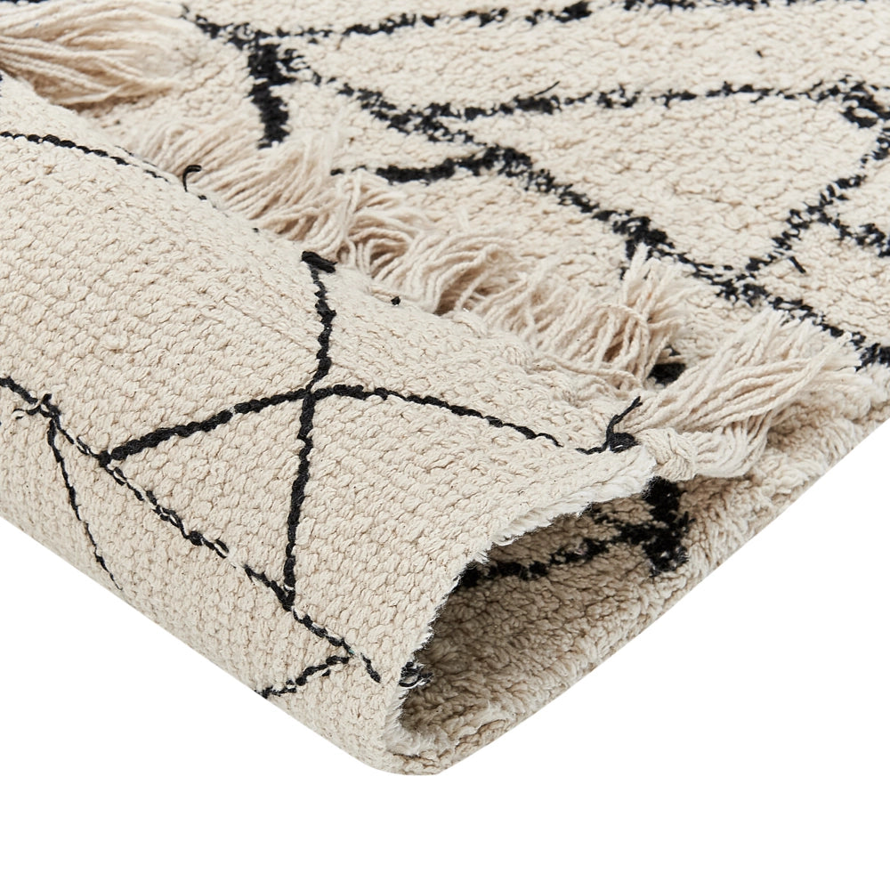 Tappeto in cotone beige e nero motivo azteco 140 x 200 cm camera da letto soggiorno
