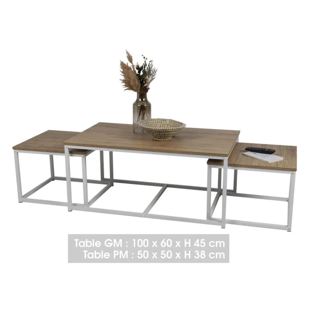 Set di 3 tavolini impilabili quadrati PUEBLO – Stile industriale – Rovere scuro e bianco