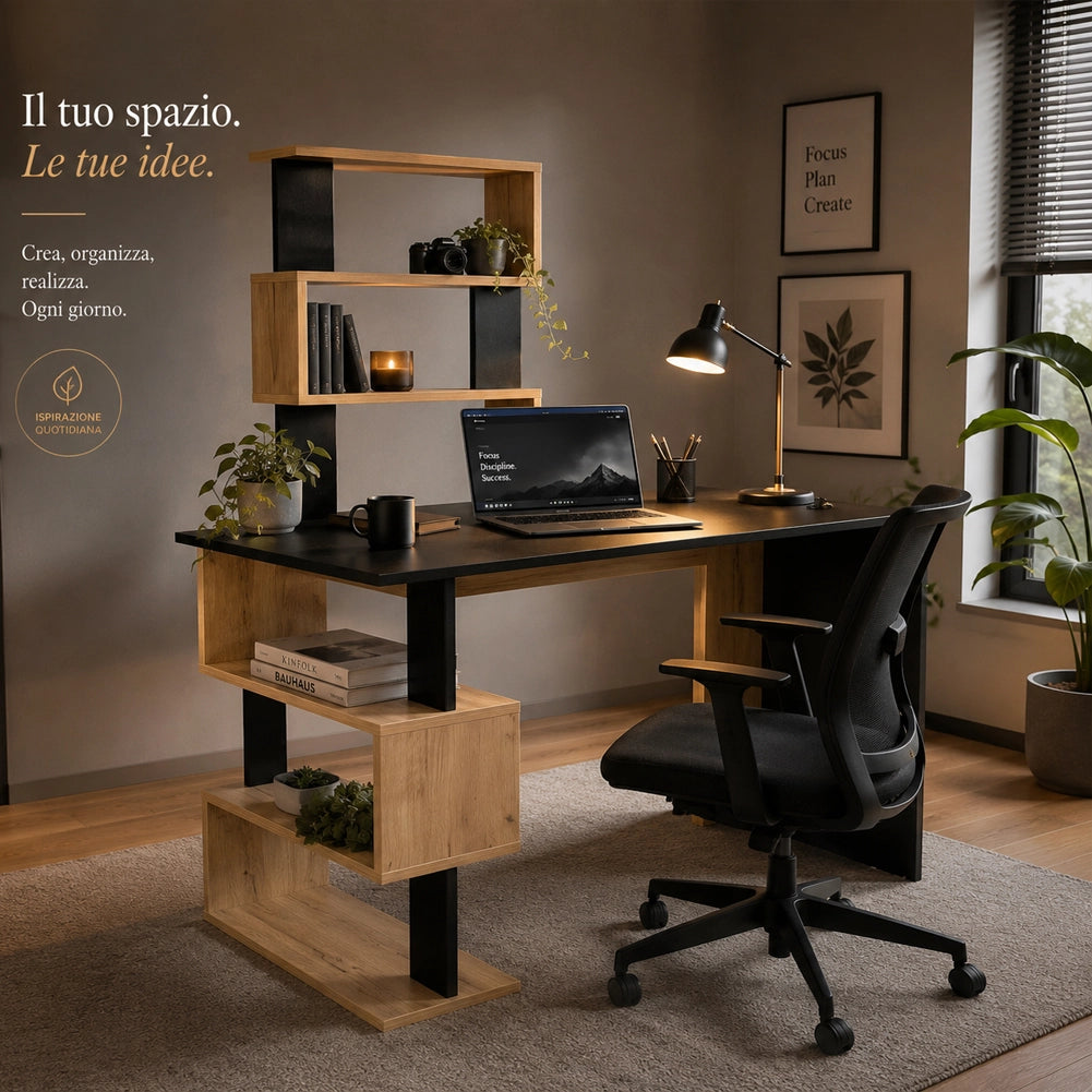 Scrivania con Libreria Tavolo Porta Pc in Legno per Casa Ufficio Nero e Quercia