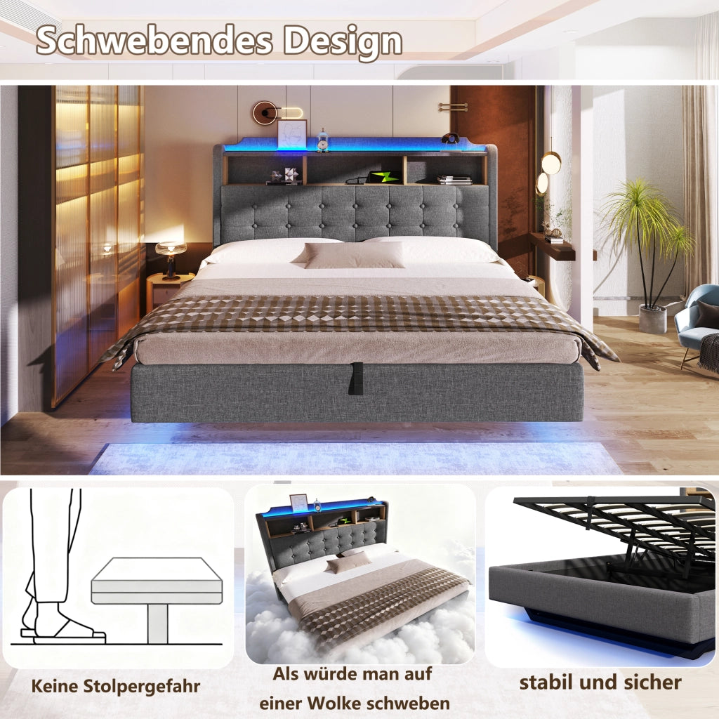 LETTO Contenitore 180x200 cm Grigio in Lino e MDF con LED, USB e Type-C