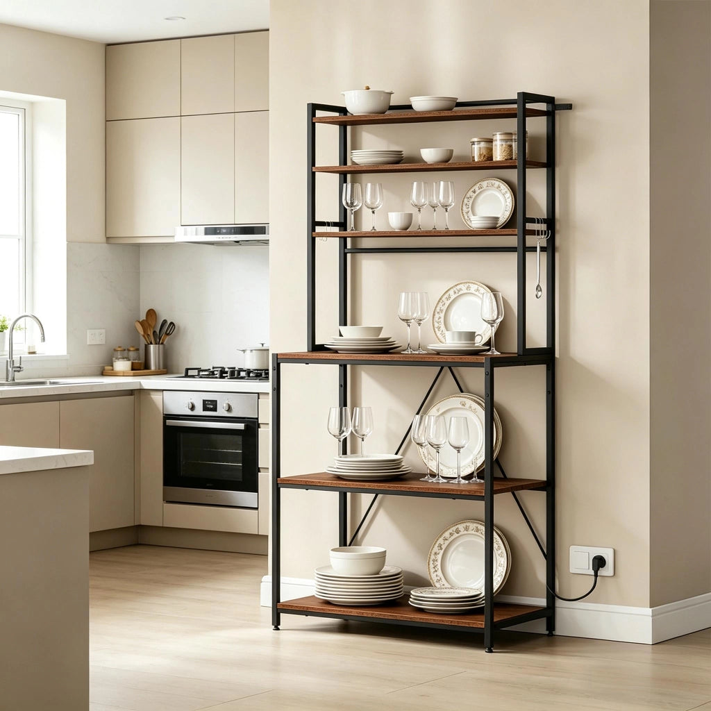 Scaffale cucina con prese, 6 ripiani aperti, 6 ganci, marrone rustico